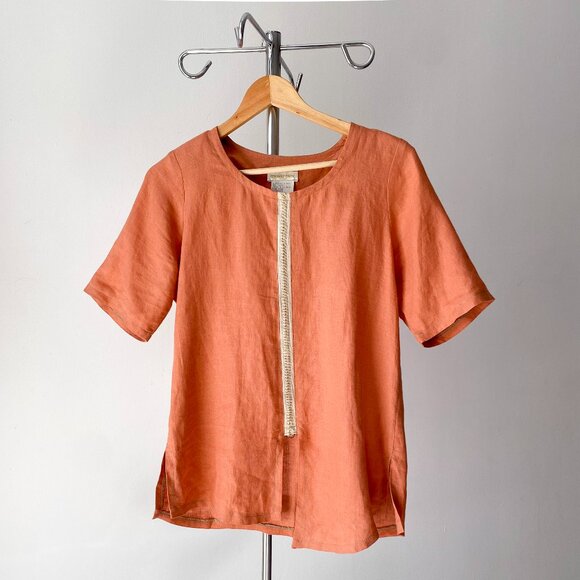 ☀️ Orange & Cream Linen Short Sleeve Tunic – Marie-Pier XS Made in Canada - Picture 1 of 6